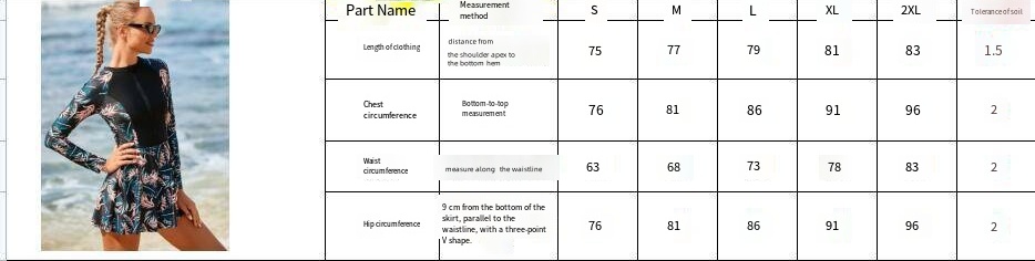 Womens Long Sleeve Floral Print Swimsuit with Skirted Bottom